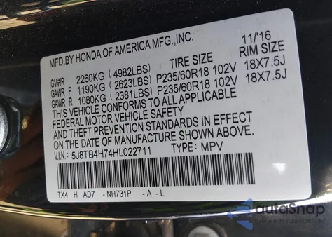 2017 Acura Rdx Advance Package from USA, damaged, VIN 5J8TB4H74HL022711